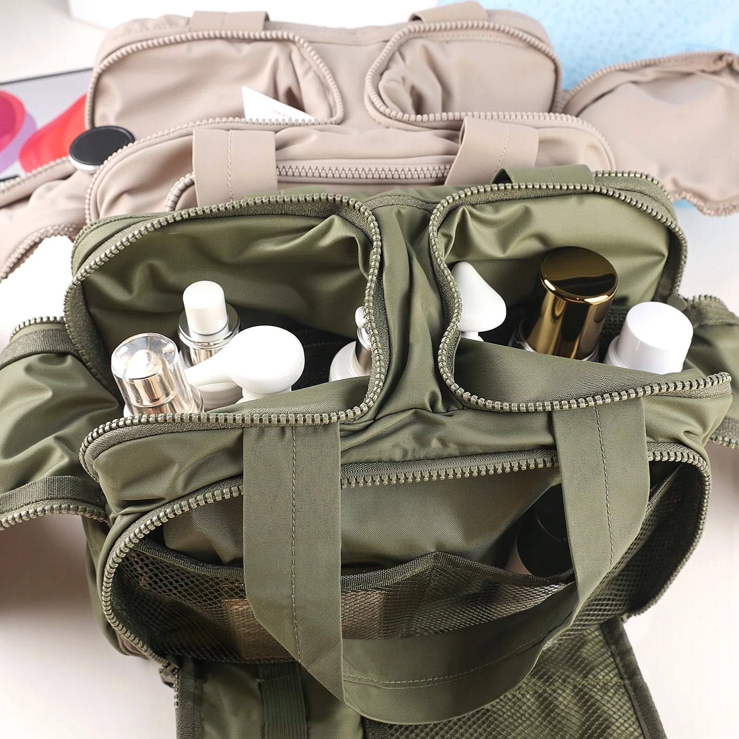 Multi Compartment Polyester Cosmetic Bag For Travel And Home Use