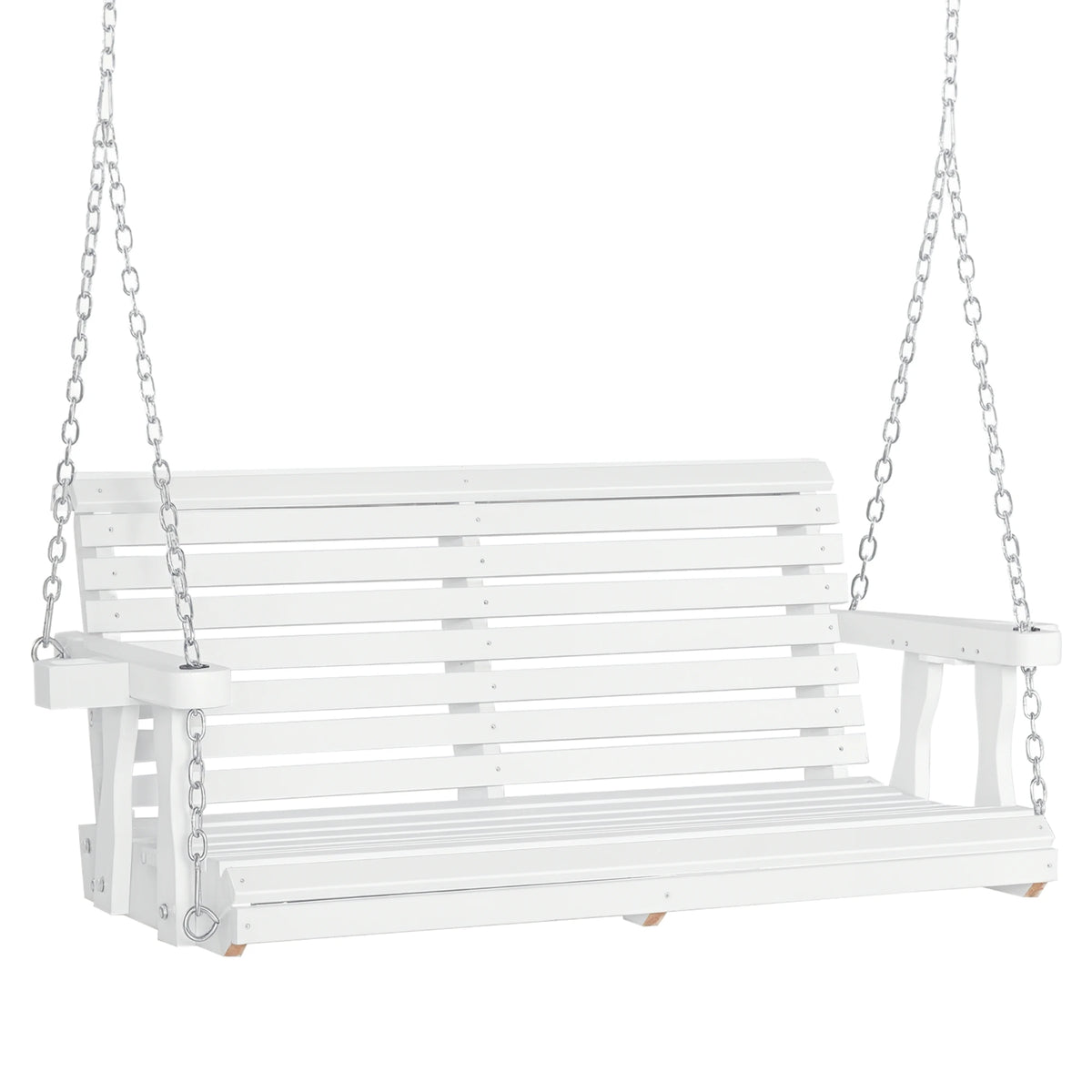 2-Person Wood Patio Swing, Hanging Patio Bench, with Cup Holder Armrests, White