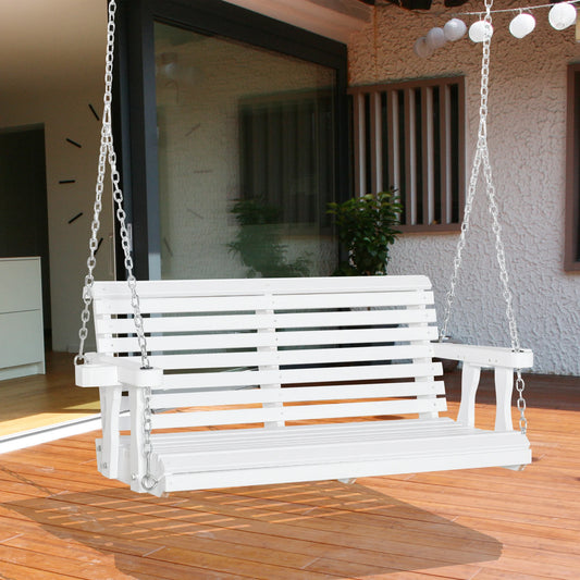 2-Person Wood Patio Swing, Hanging Patio Bench, with Cup Holder Armrests, White