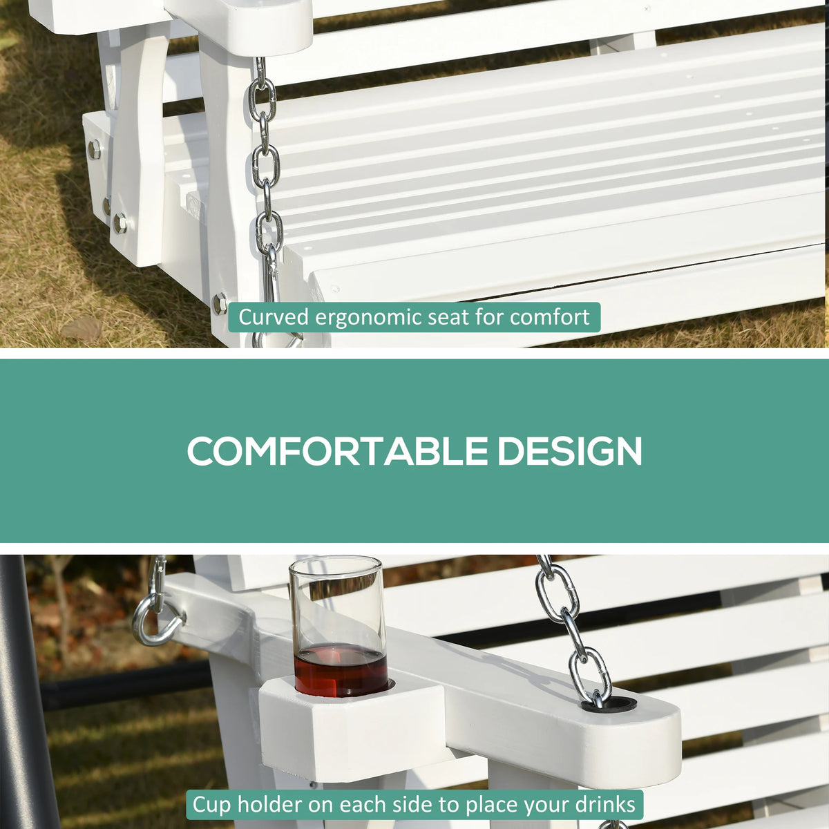 2-Person Wood Patio Swing, Hanging Patio Bench, with Cup Holder Armrests, White