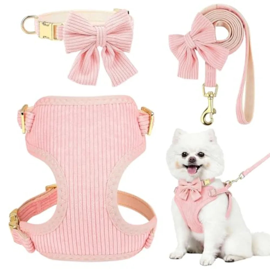 Adjustable Breathable Cotton Dog Harness With Bowtie Set