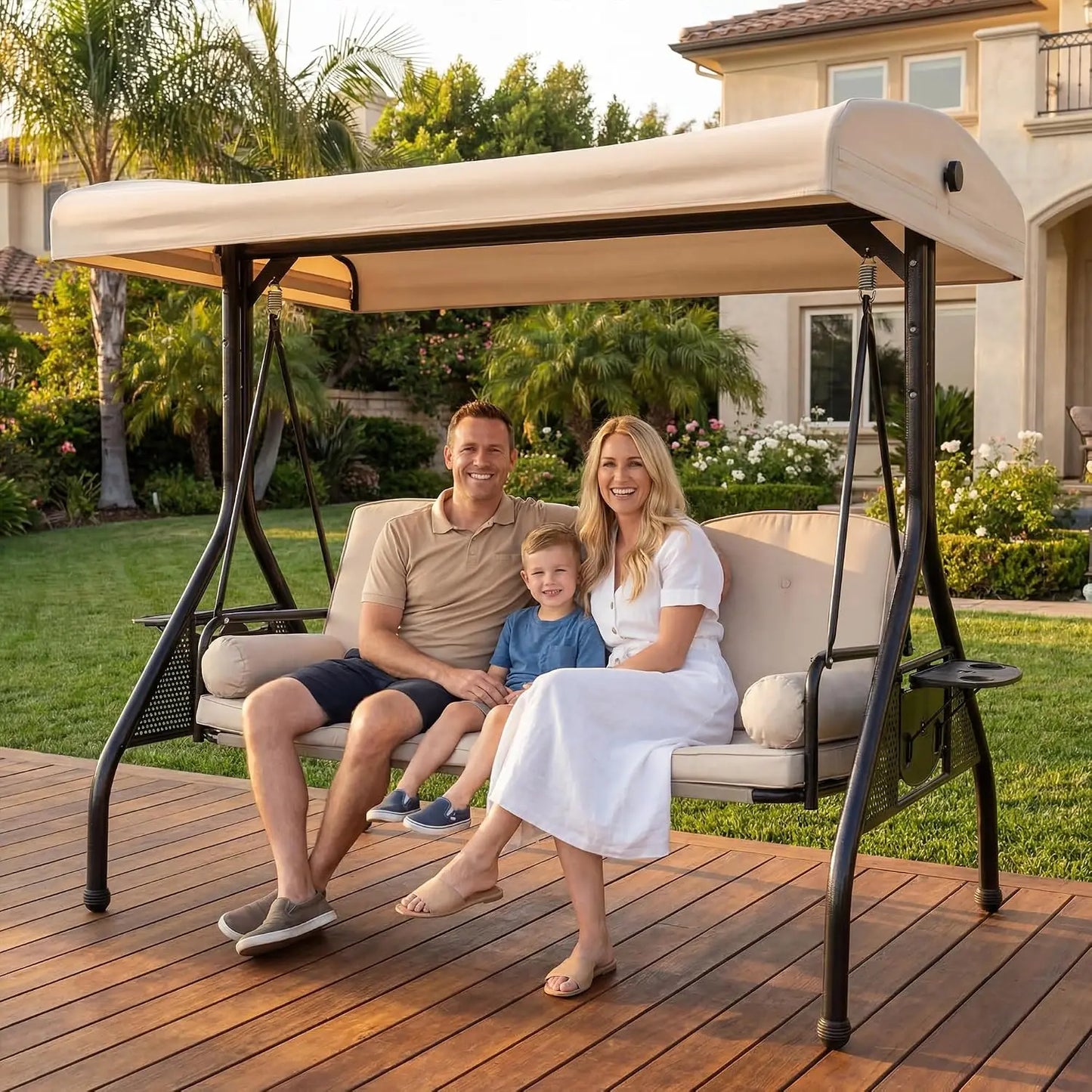 Porch Swing With Stand And Adjustable Canopy For Outdoor Patio