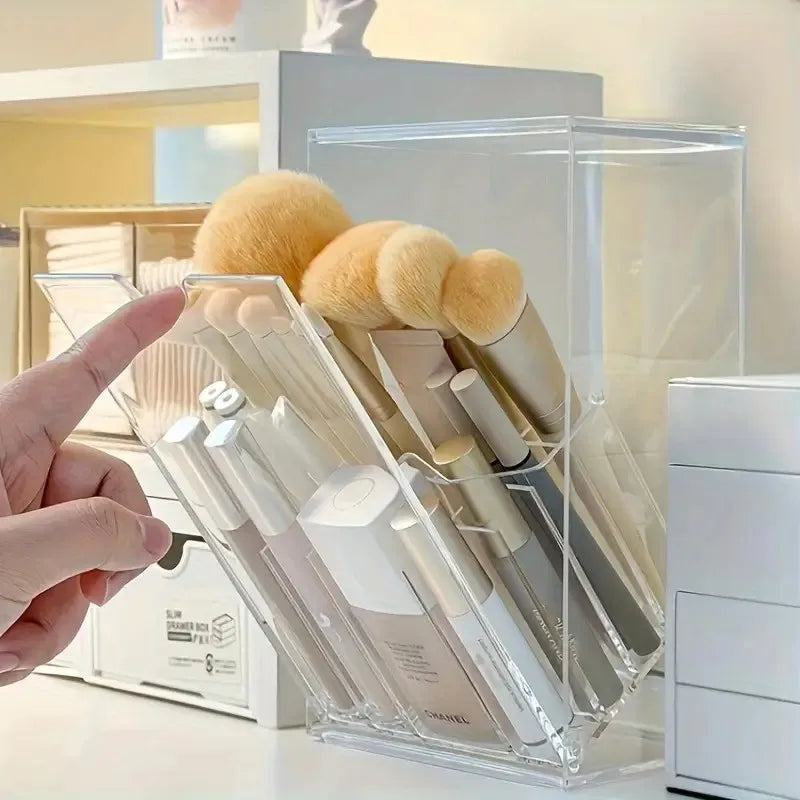 Clear Acrylic 17-Slot Makeup Brush Holder With Tilt Open Lid