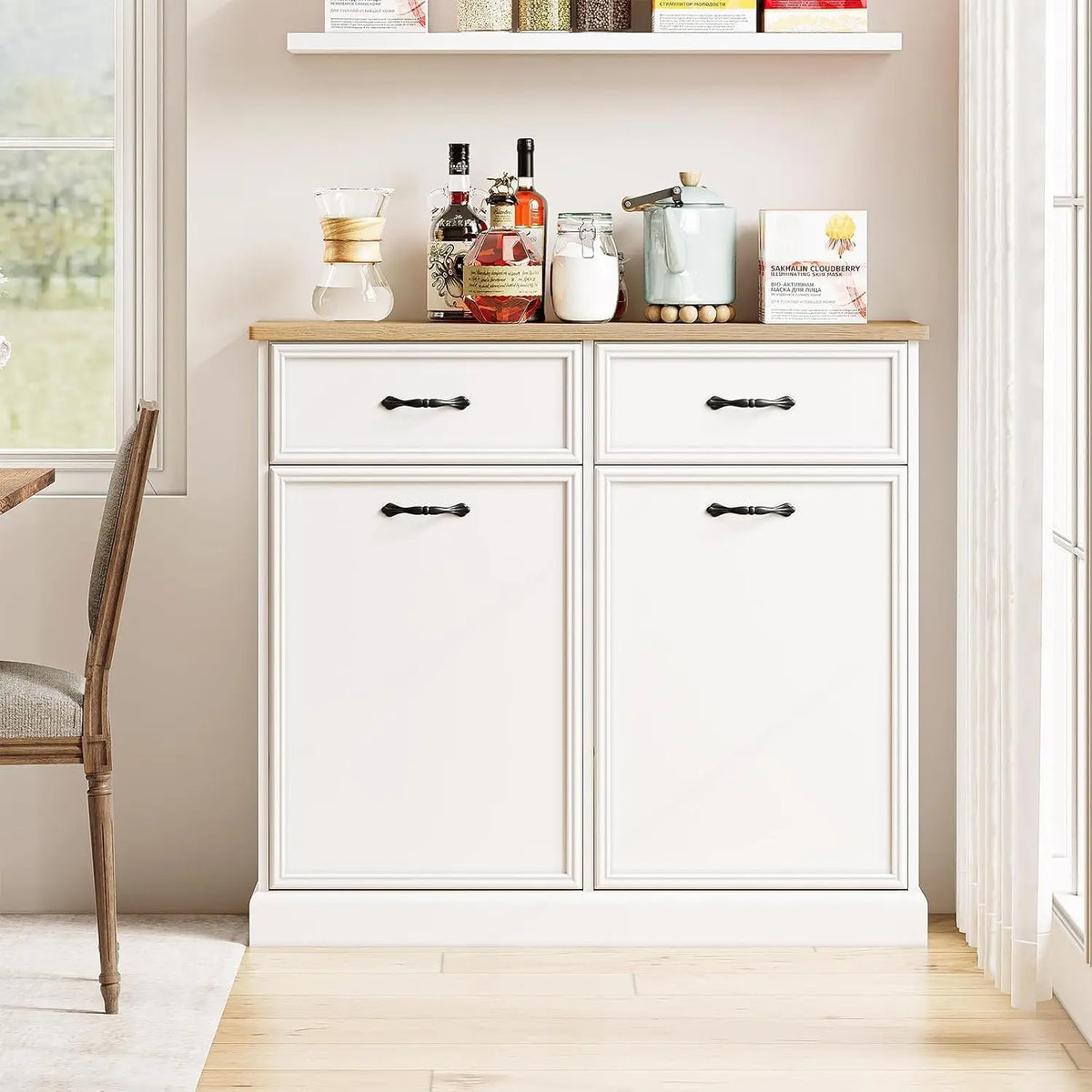Double Tilt Out Trash Can Cabinet with Storage Drawer 20 galon, Hidden Trash Storage Cabinet, Freestanding White Garbage Can Cabinet, Pet Food Storage, for Kitchen Dining Living Room