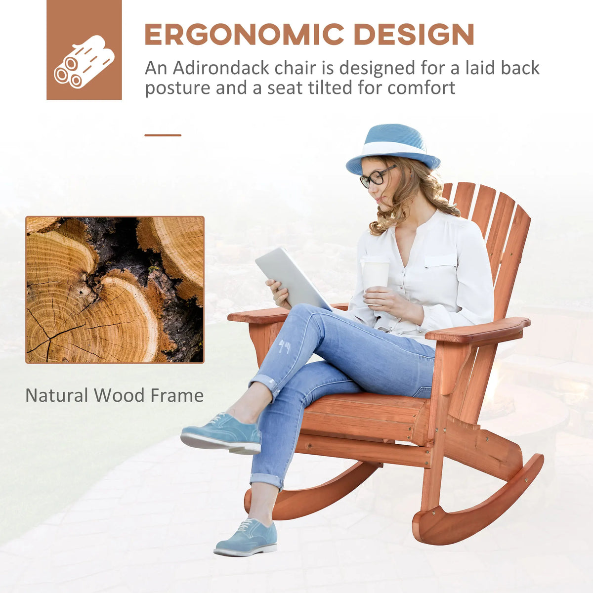 Outdoor Fir Large Back Rocking Chair with Classic Rustic Style & Design, Teak