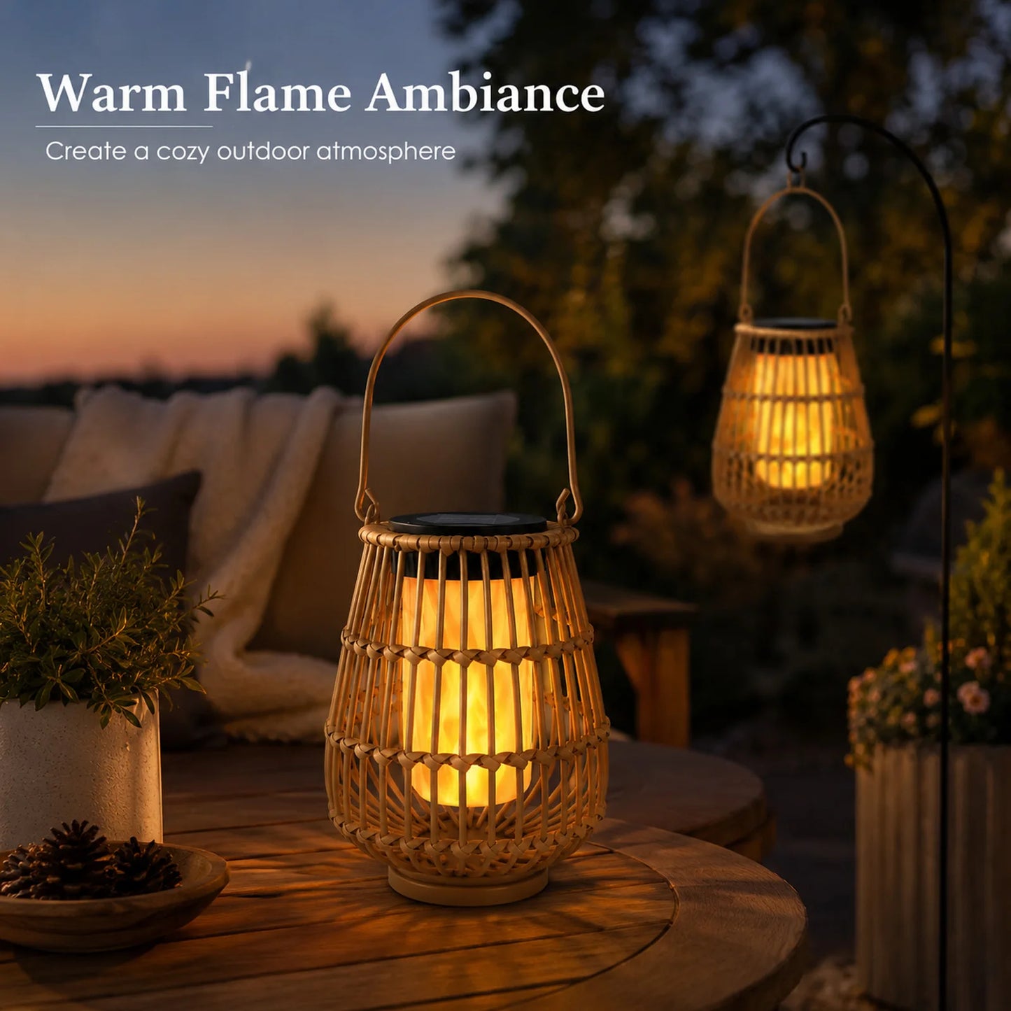 2 Pack Handwoven Rattan Solar Lanterns For Outdoor Garden Decor