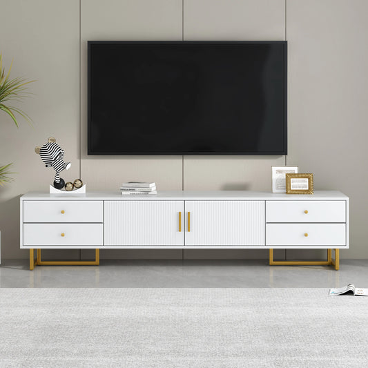 TV Stand for 65+ Inch TV, Entertainment Center Media Console Table with Storage, Modern TV Console Cabinet with 4 Drawers and 1 Cabinet, Wave Groove Door Design, T-Shaped Metal Frame, Living Room Furniture