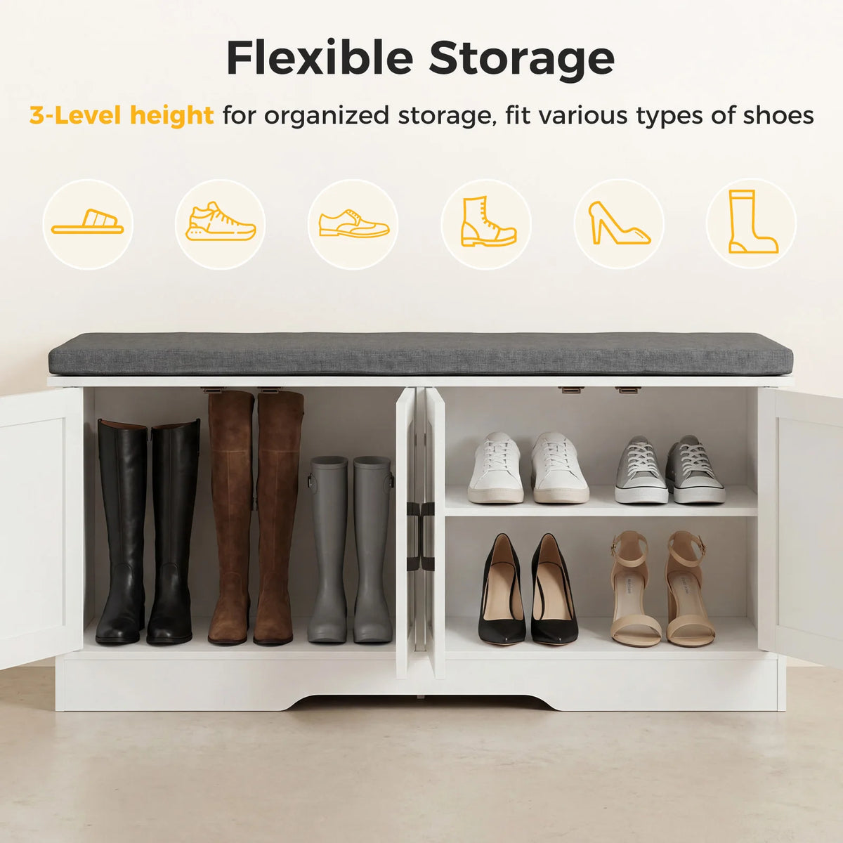 JHK Storage Bench Shoe Organizer With Padded Seat And Doors