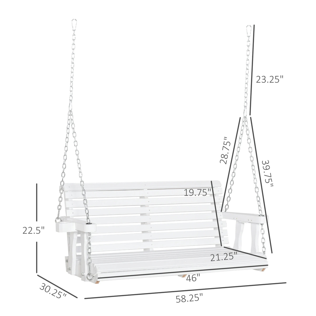 2-Person Wood Patio Swing, Hanging Patio Bench, with Cup Holder Armrests, White
