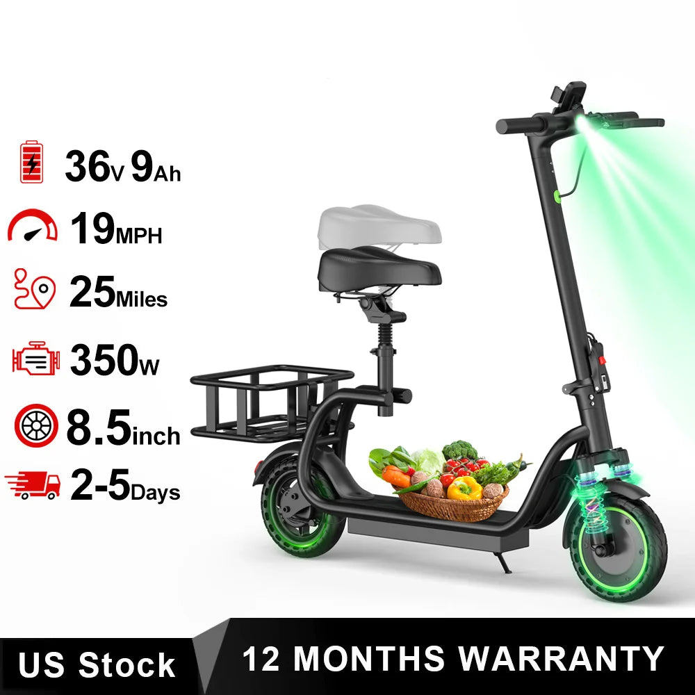 AOVOPRO Maxshot Electric Scooter With Seat And Basket Top Speed 19MPH