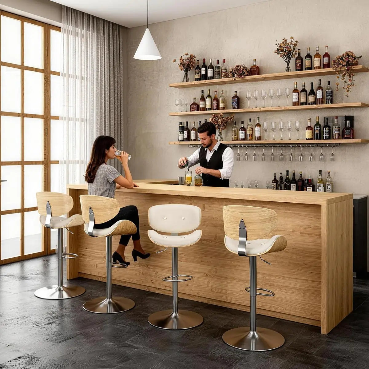 GUANGBAI Adjustable Swivel Bar Stool With Back And Leather Seat