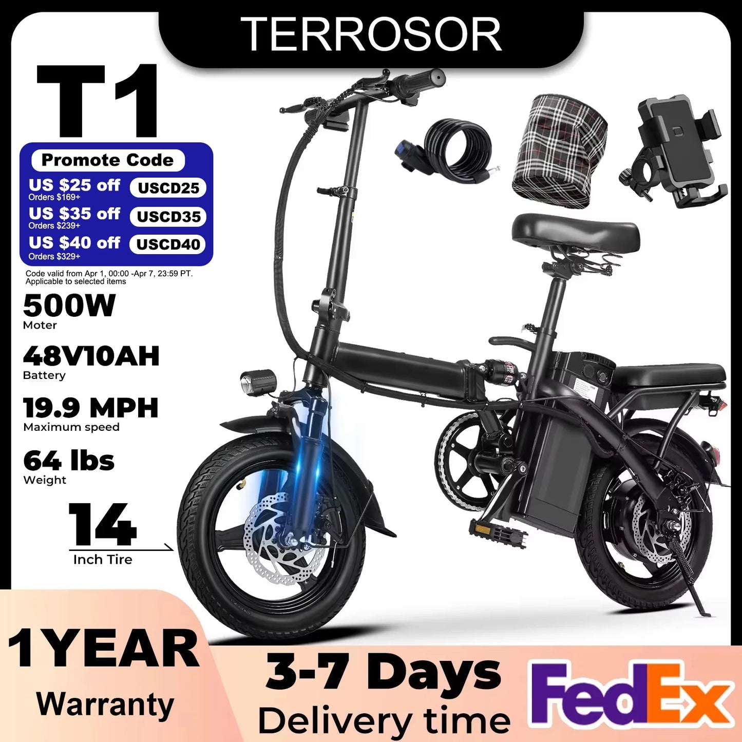 Terrosor 500W Folding Electric Bike With Dual Disc Brakes 22Miles
