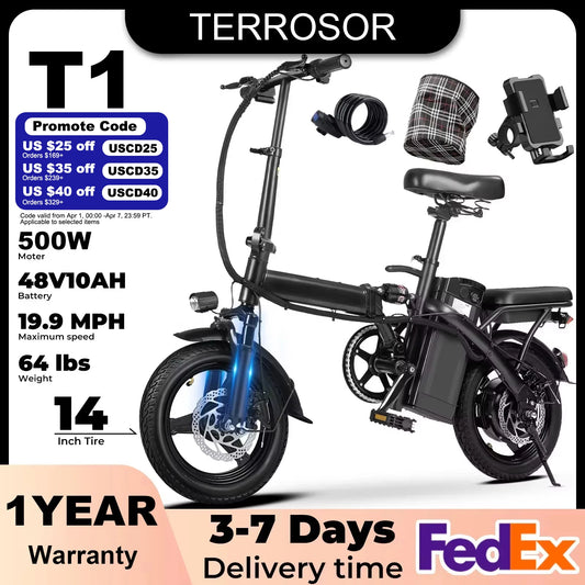 Terrosor 500W Folding Electric Bike With Dual Disc Brakes 22Miles