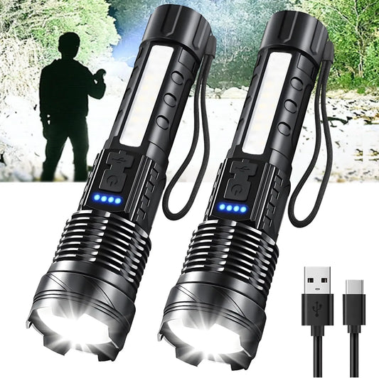 Rechargeable LED Flashlight 2 Pack With 7 Modes Zoomable Waterproof
