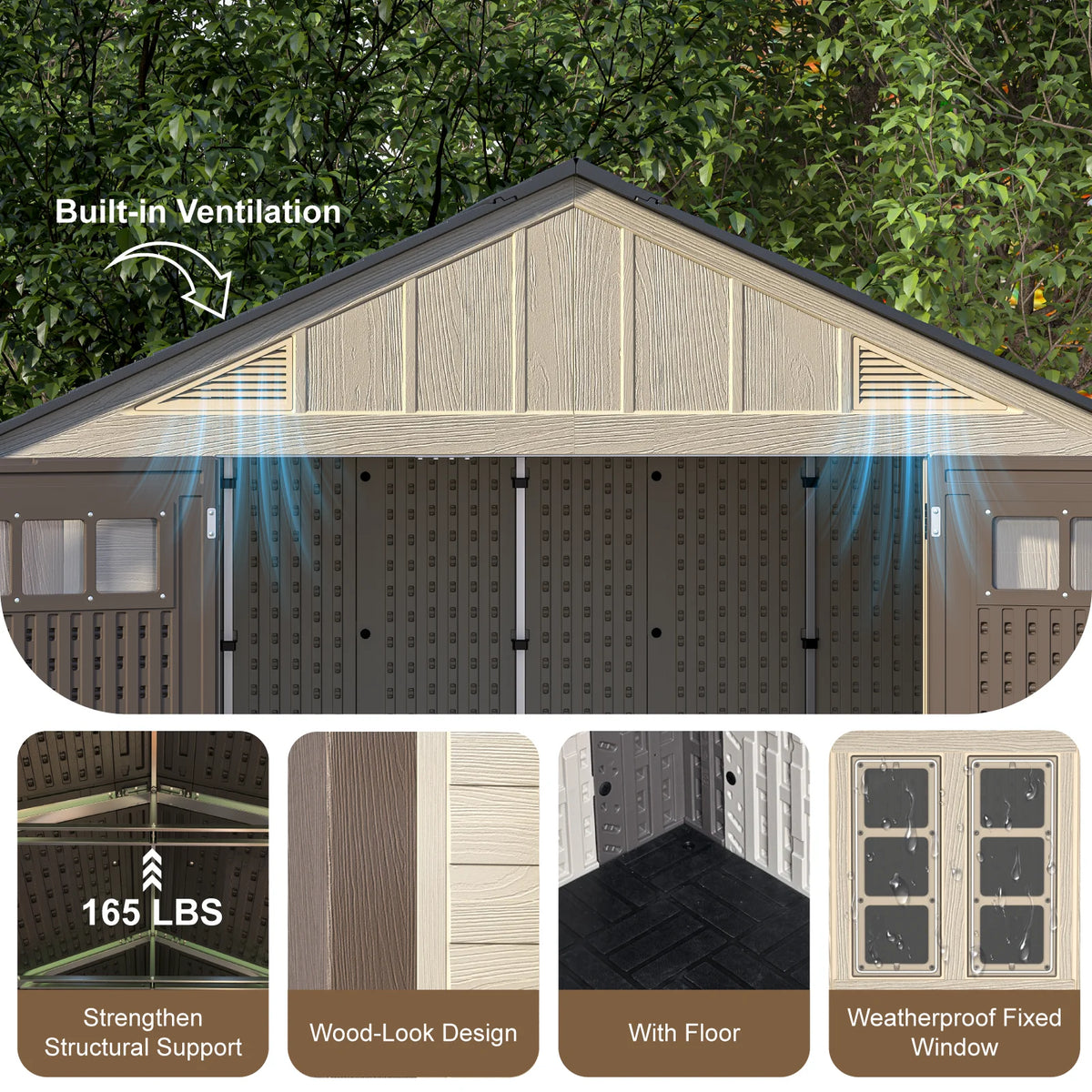 EVOKEDEN Outdoor Resin Storage Shed With Floor And Double Doors