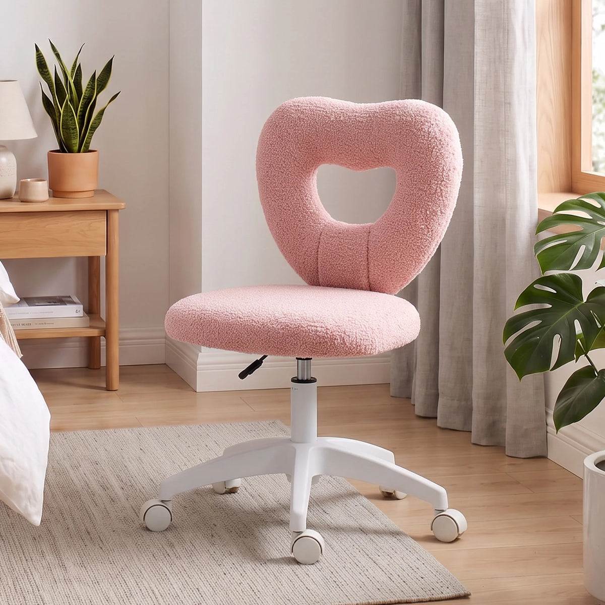 HOMCOM Armless Home Office Cute Desk Chair, Height Adjustable Computer Task Chair, Modern Teddy Fleece Heart Makeup Vanity Chair with Swivel Wheels, Pink
