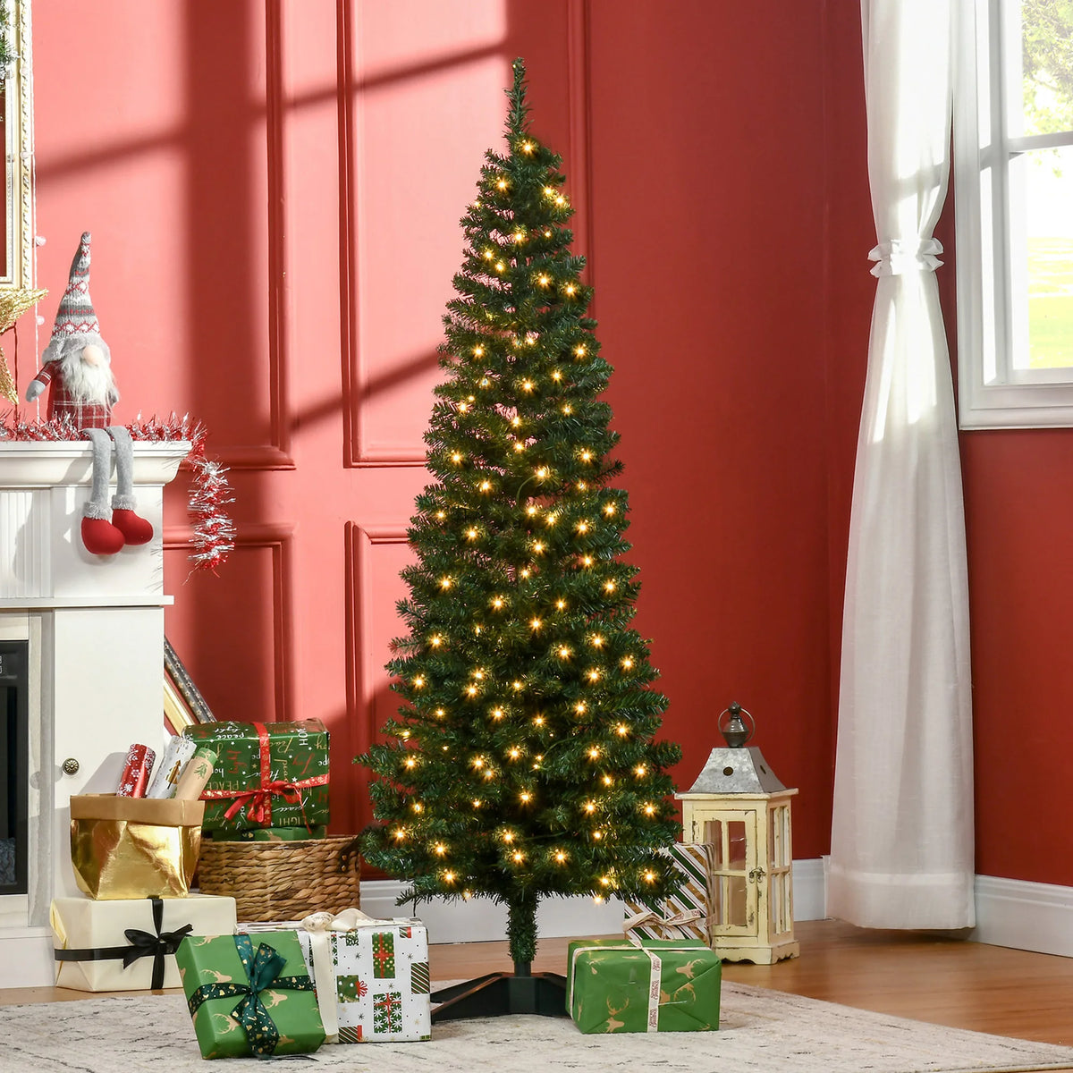 HOMCOM Pre Lit Slim Artificial Christmas Tree With Warm White LEDs