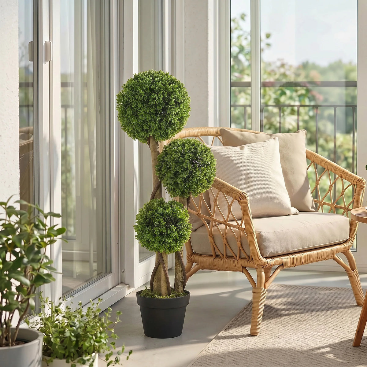 HOMCOM Artificial Plant for Home Decor Indoor & Outdoor Fake Plants Artificial Tree in Pot, 3 Ball Boxwood Topiary Tree for Home Office, Living Room Decor, Light Green