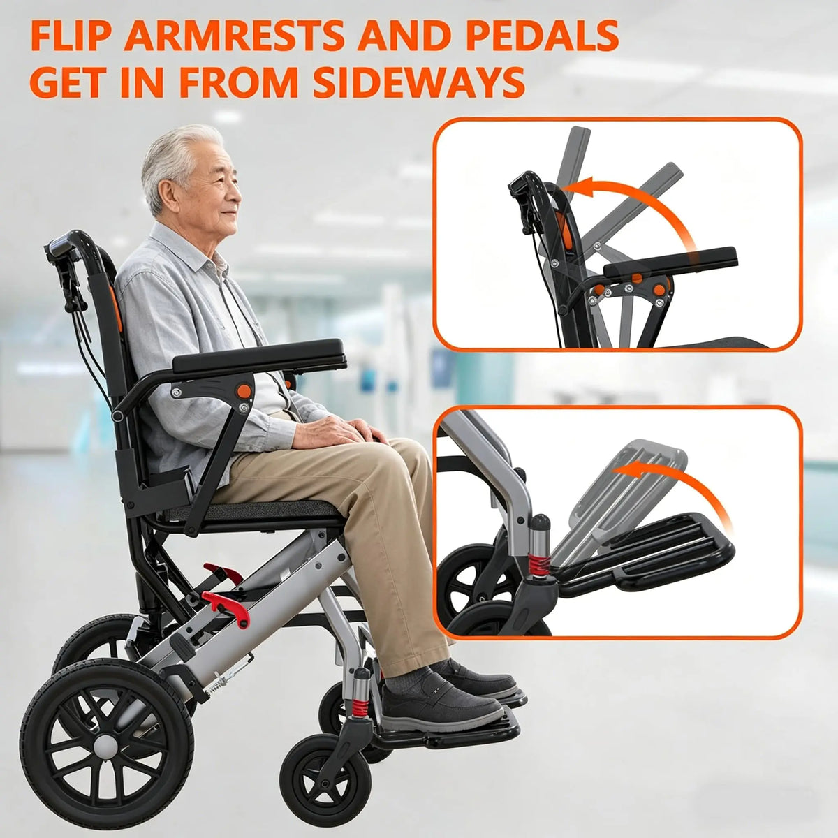 Lightweight Aluminum Transport Wheelchair For Seniors With Brakes