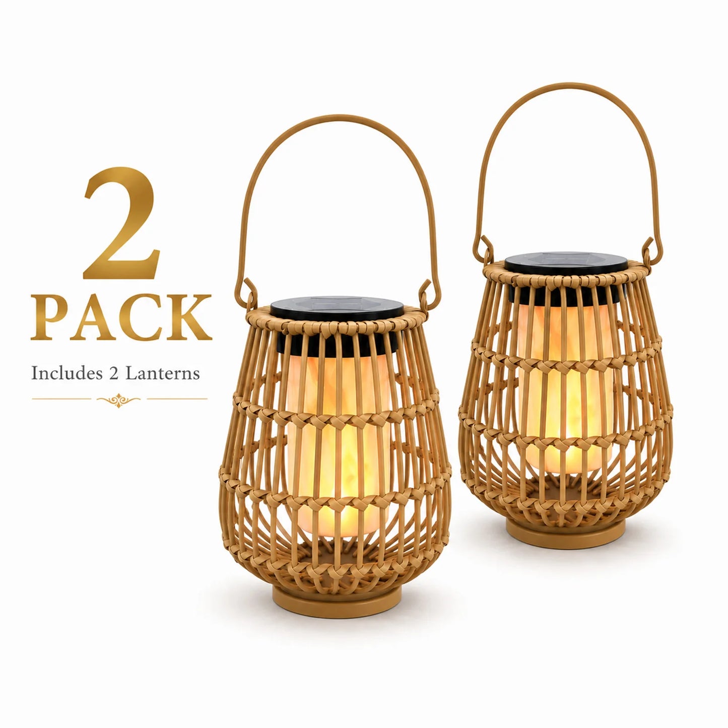 2 Pack Handwoven Rattan Solar Lanterns For Outdoor Garden Decor