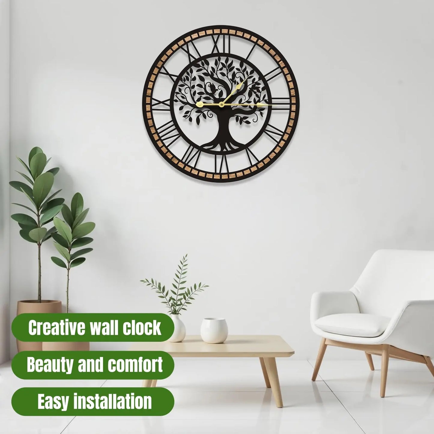 Tree Of Life Large Wall Clock Quiet No Ticking Metal Frame Decor