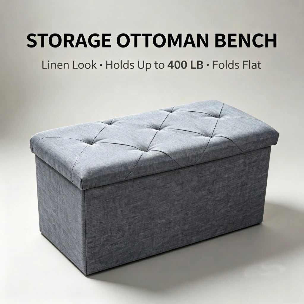 Folding Storage Ottoman Bench Gray Tufted Fabric Footrest