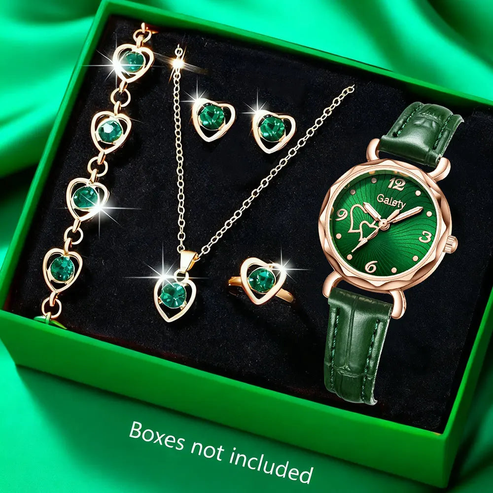 Women Rhinestone Heart Jewelry Set With Quartz Wristwatch