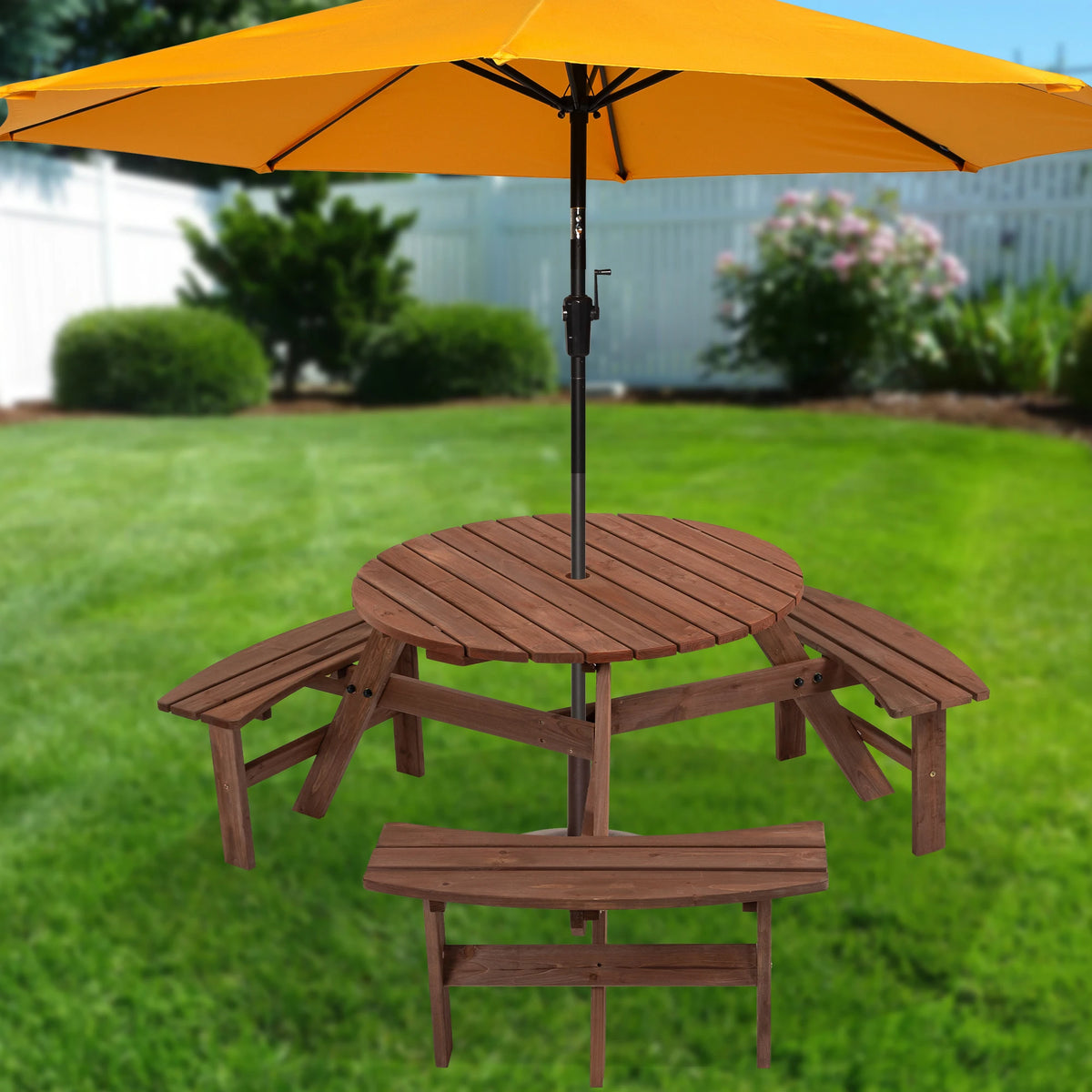 Solid Acacia Wood Round Outdoor Picnic Table With Curved Benches