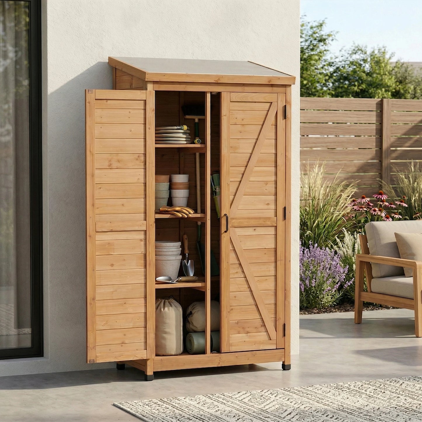 Weatherproof Fir Wood Storage Shed With Metal Roof For Gardening