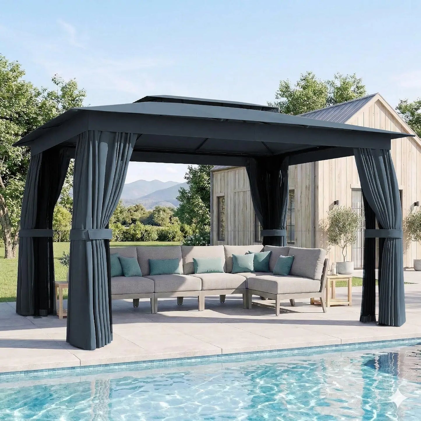 Outdoor Gazebo With Double Roof Curtains Netting Alloy Steel Frame