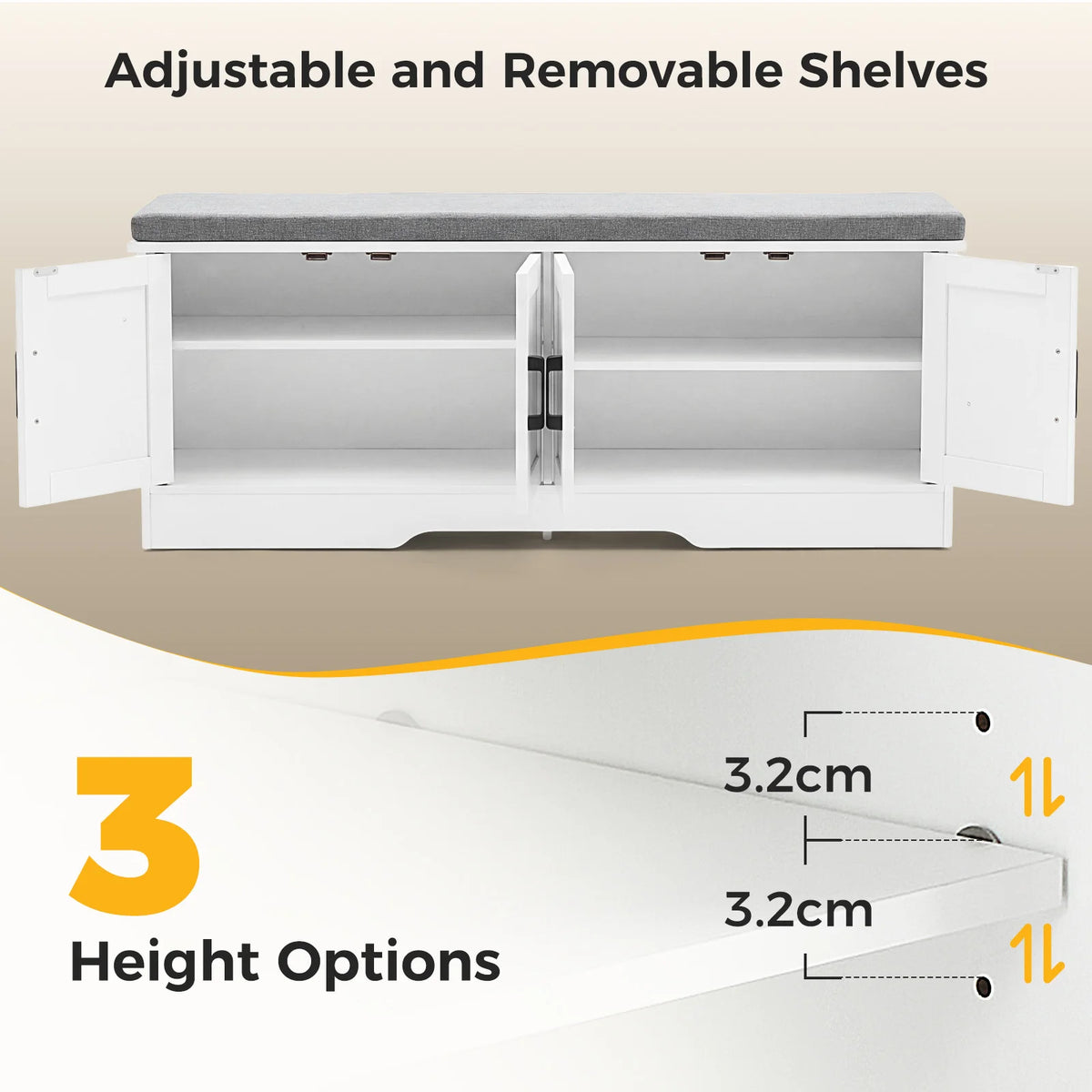 JHK Storage Bench Shoe Organizer With Padded Seat And Doors