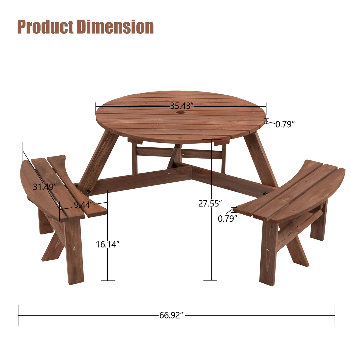 Solid Acacia Wood Round Outdoor Picnic Table With Curved Benches