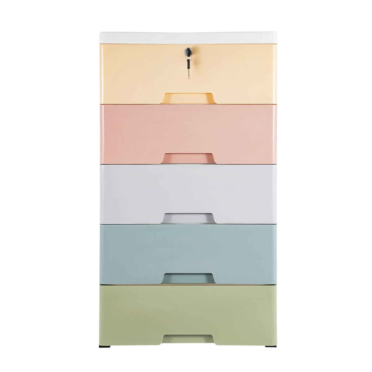 Plastic Drawers Dresser 5 Layer Storage Cabinet Macaron Color Lock Organizer Fully Pull Out Handle Large Capacity Bedroom Living Room Kids Room 43.5x29x80cm
