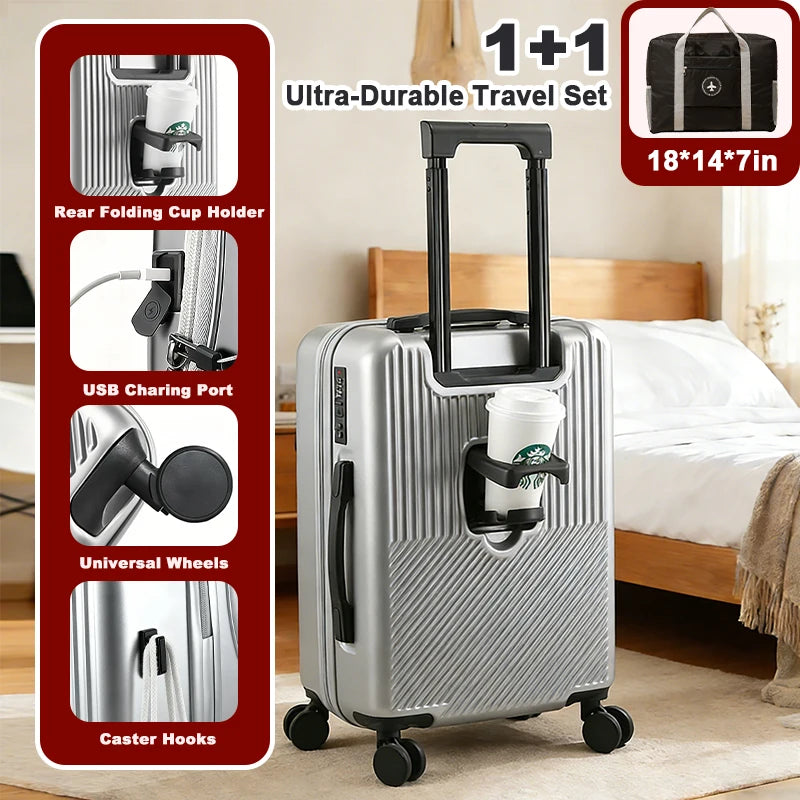 Durable Carry-On Luggage Set With Cup Holder And Charger