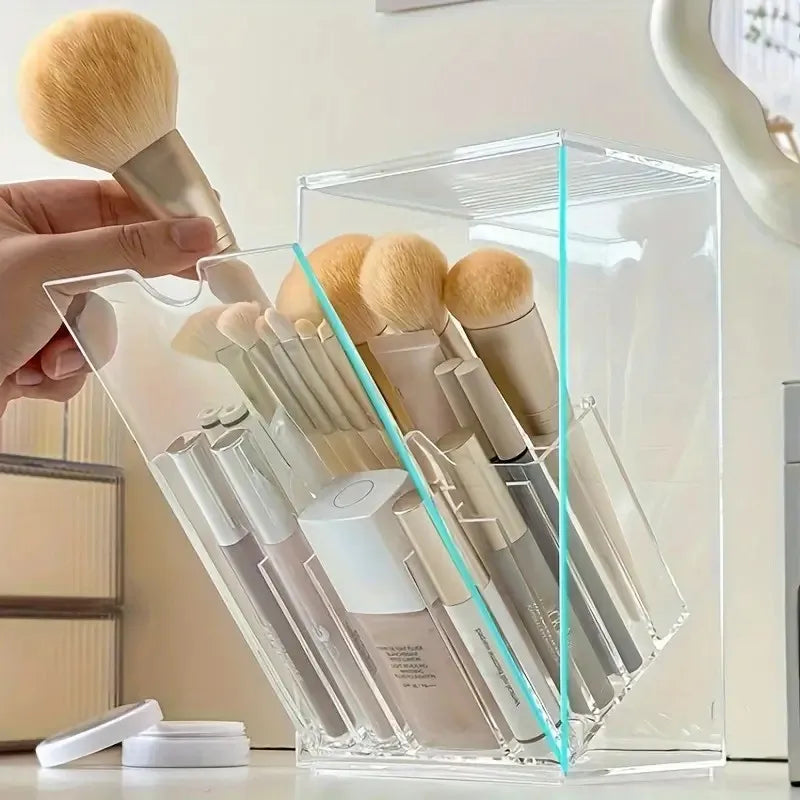 Clear Acrylic 17-Slot Makeup Brush Holder With Tilt Open Lid