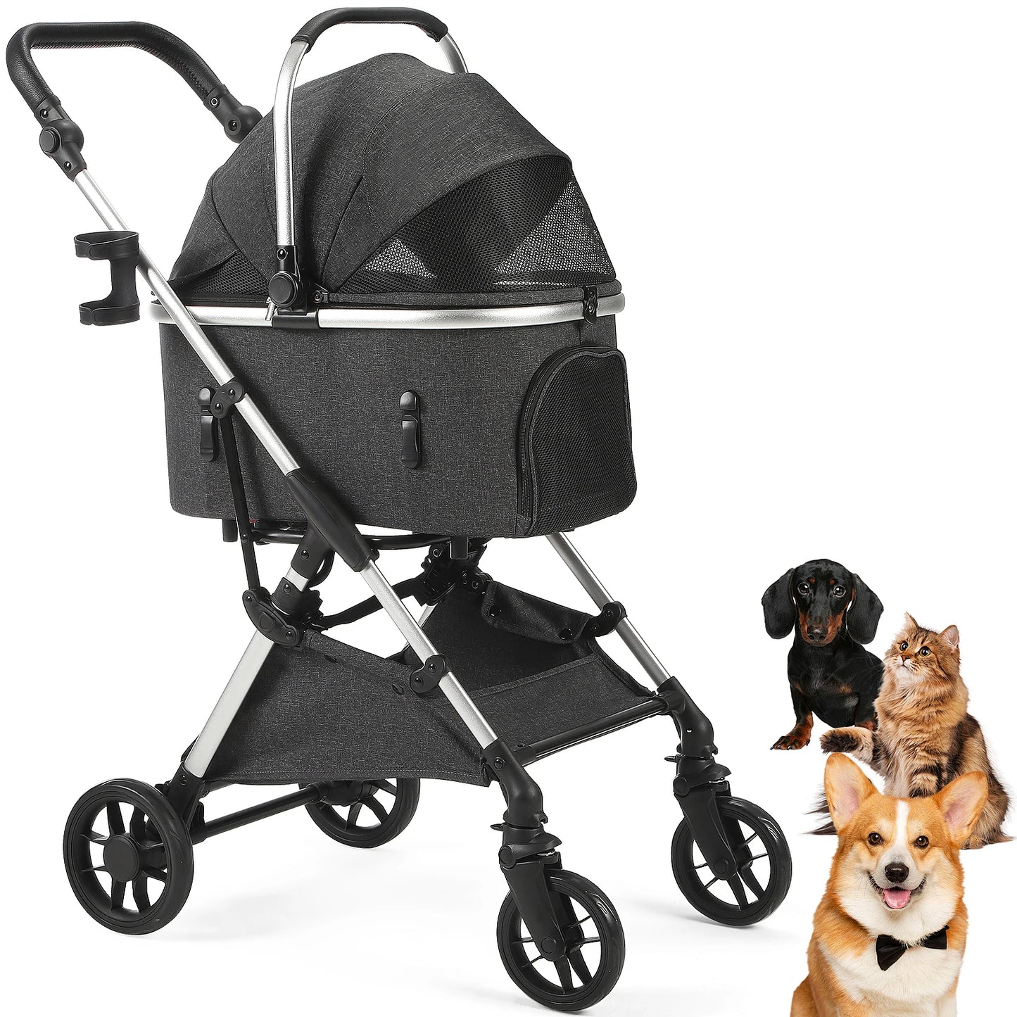 Portable Lightweight Pet Stroller For Medium Dogs With Detachable Carrier
