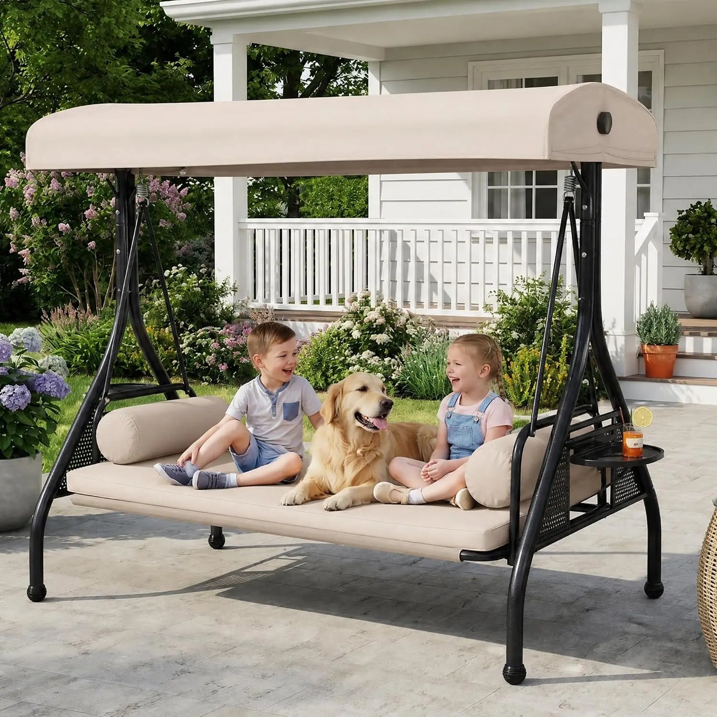 Porch Swing With Stand And Adjustable Canopy For Outdoor Patio