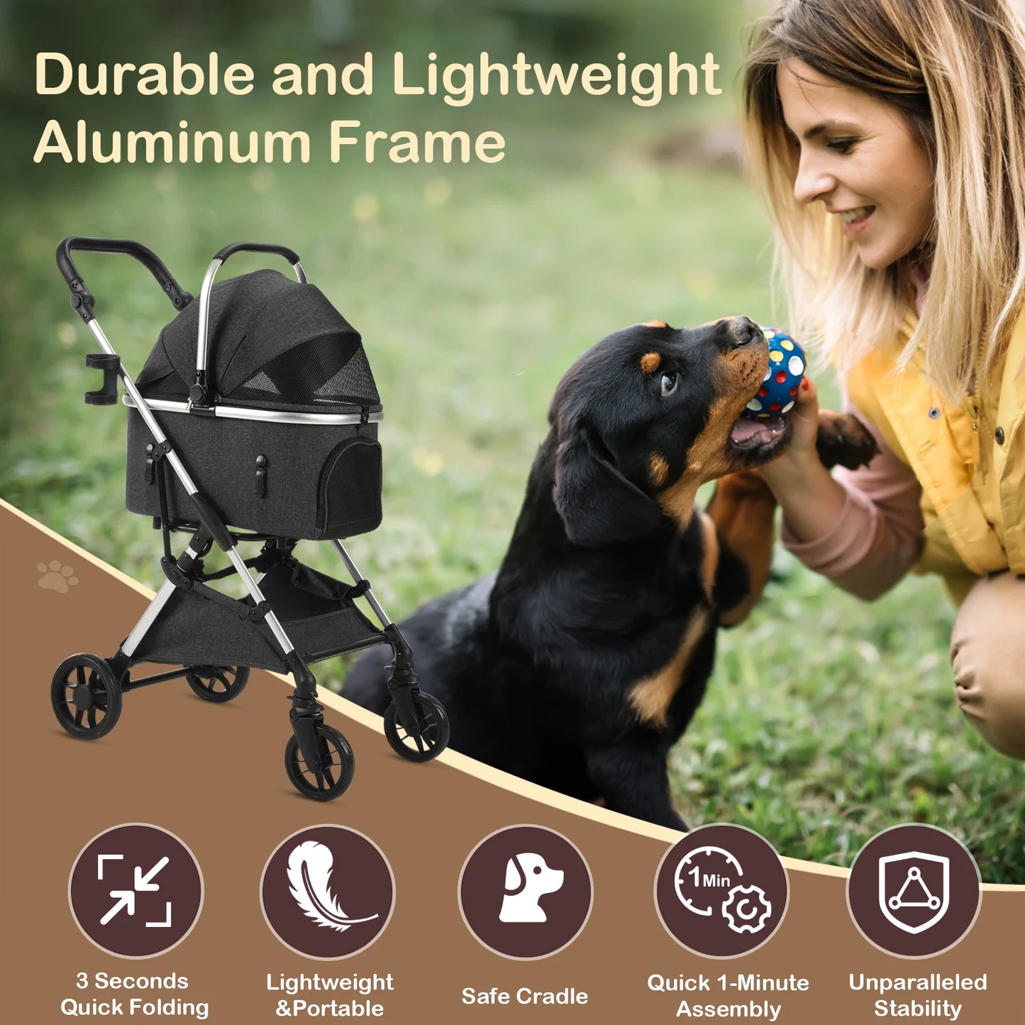 Portable Lightweight Pet Stroller For Medium Dogs With Detachable Carrier