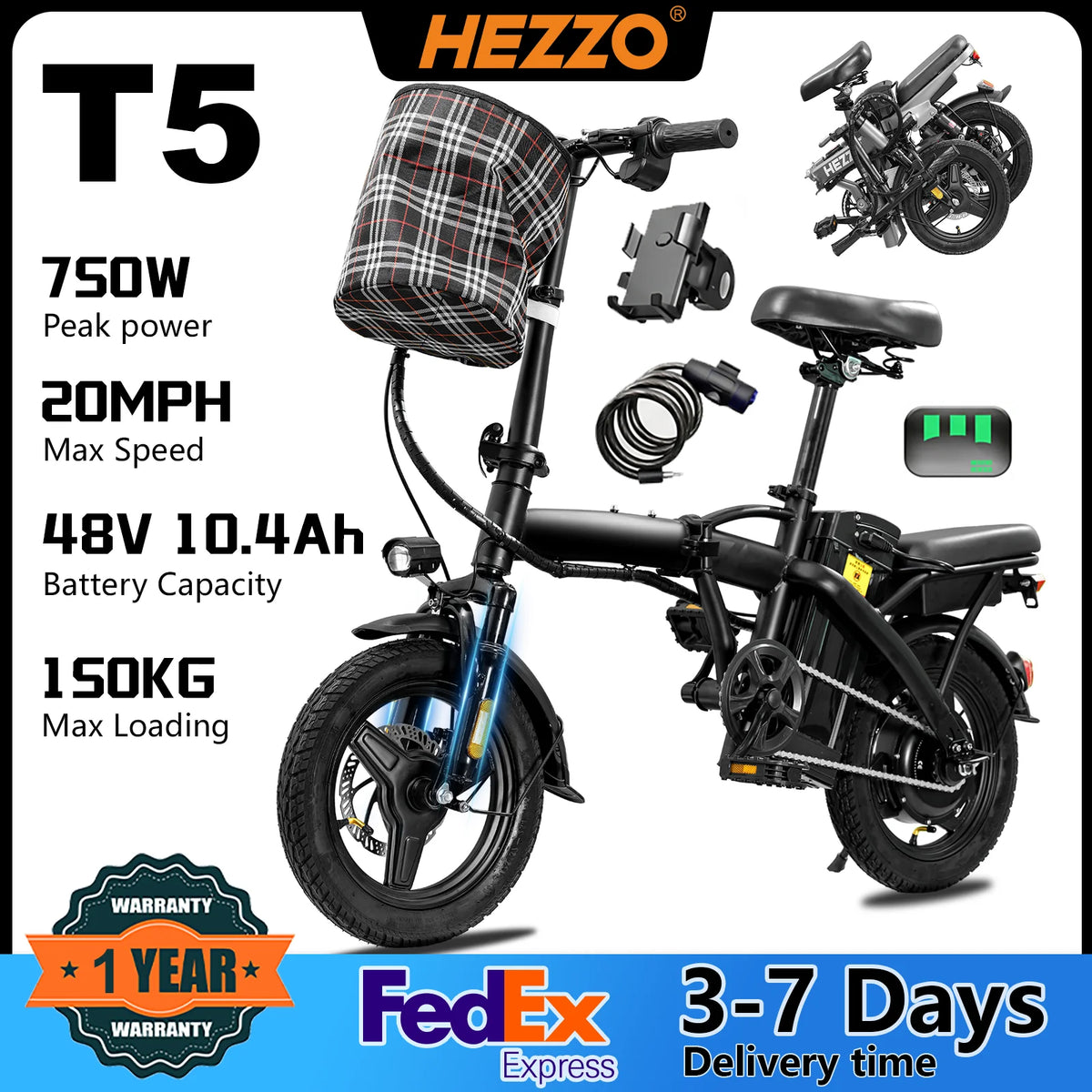 Hezzo T5 Lightweight Folding Electric Bike for Adults 750W Commuter