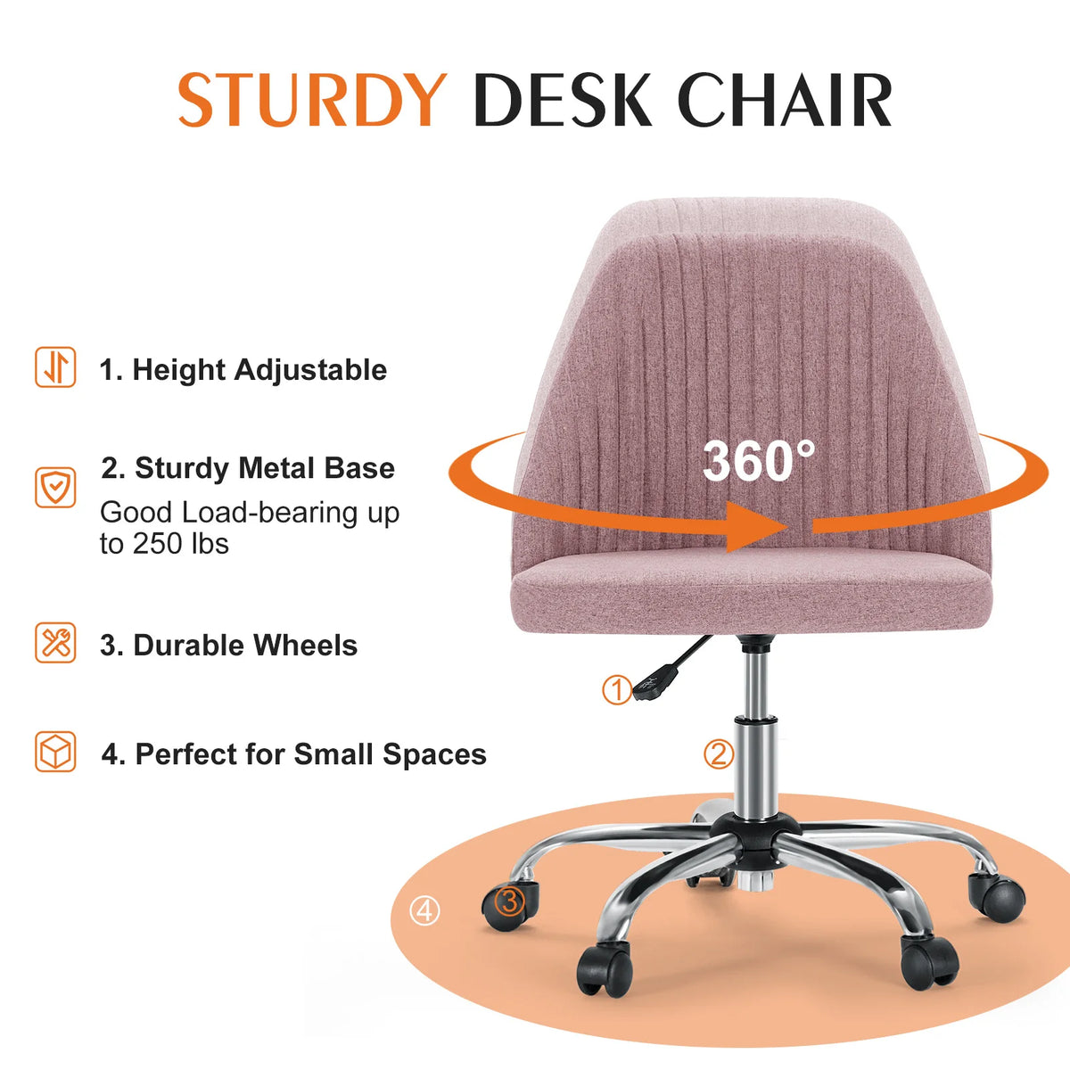 JHK Armless Small Desk Office Chair Cute Vanity Swivel Chair with Back Modern Fabric with Wheels Swivel Task Home Gaming Chair