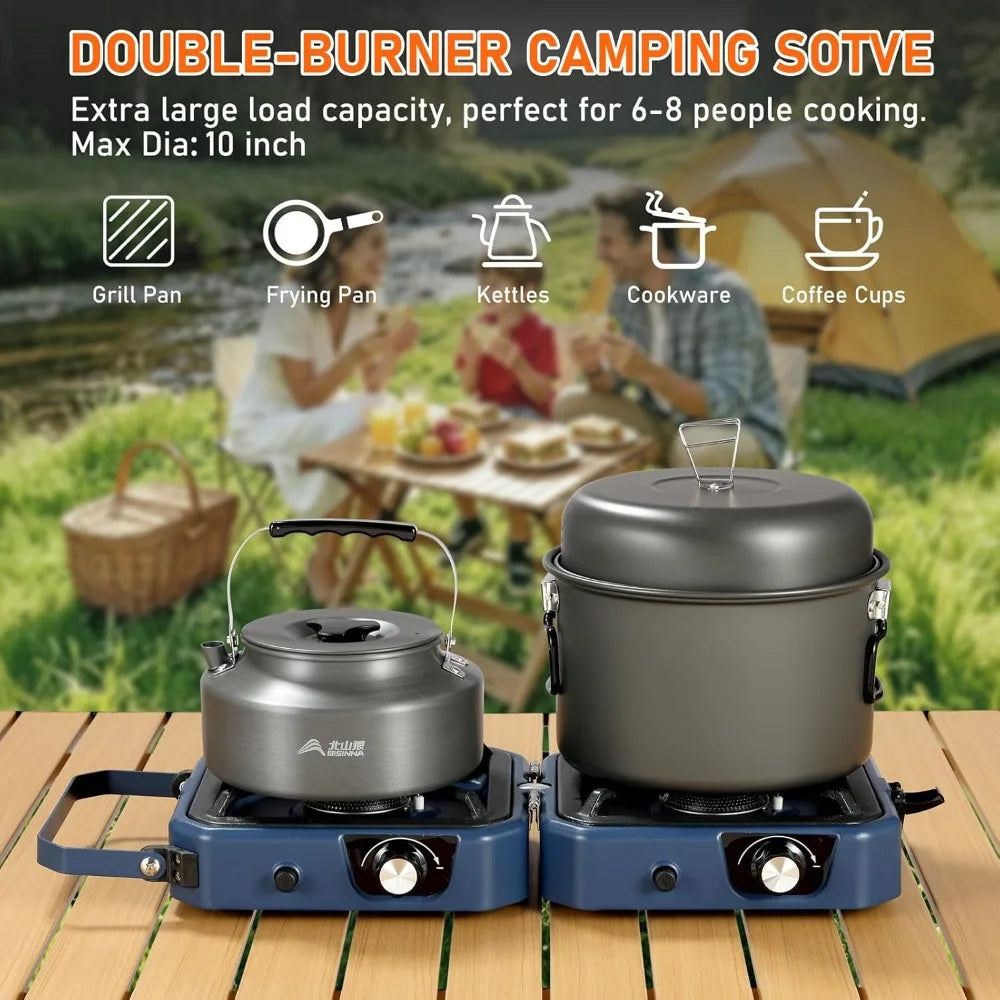 304 Stainless 2 Burner Propane Camping Stove with Griddle, Portable Folding Camp Stove 24000BTU, Compatible with Grill Pan, Kettles & Cookware