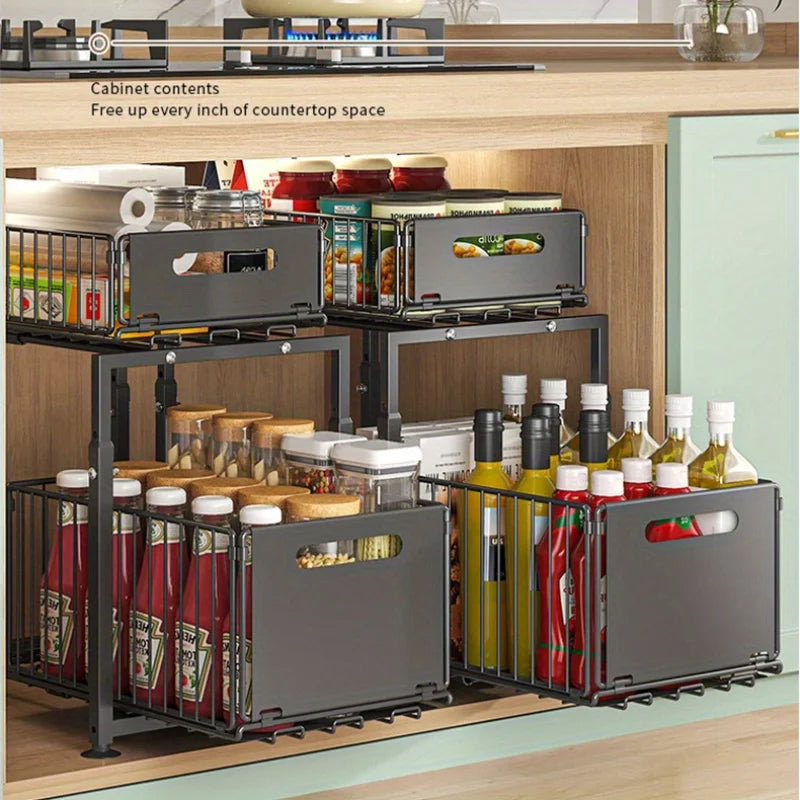 Aehome Adjustable Under Sink Slide Out Cabinet Metal Organizer
