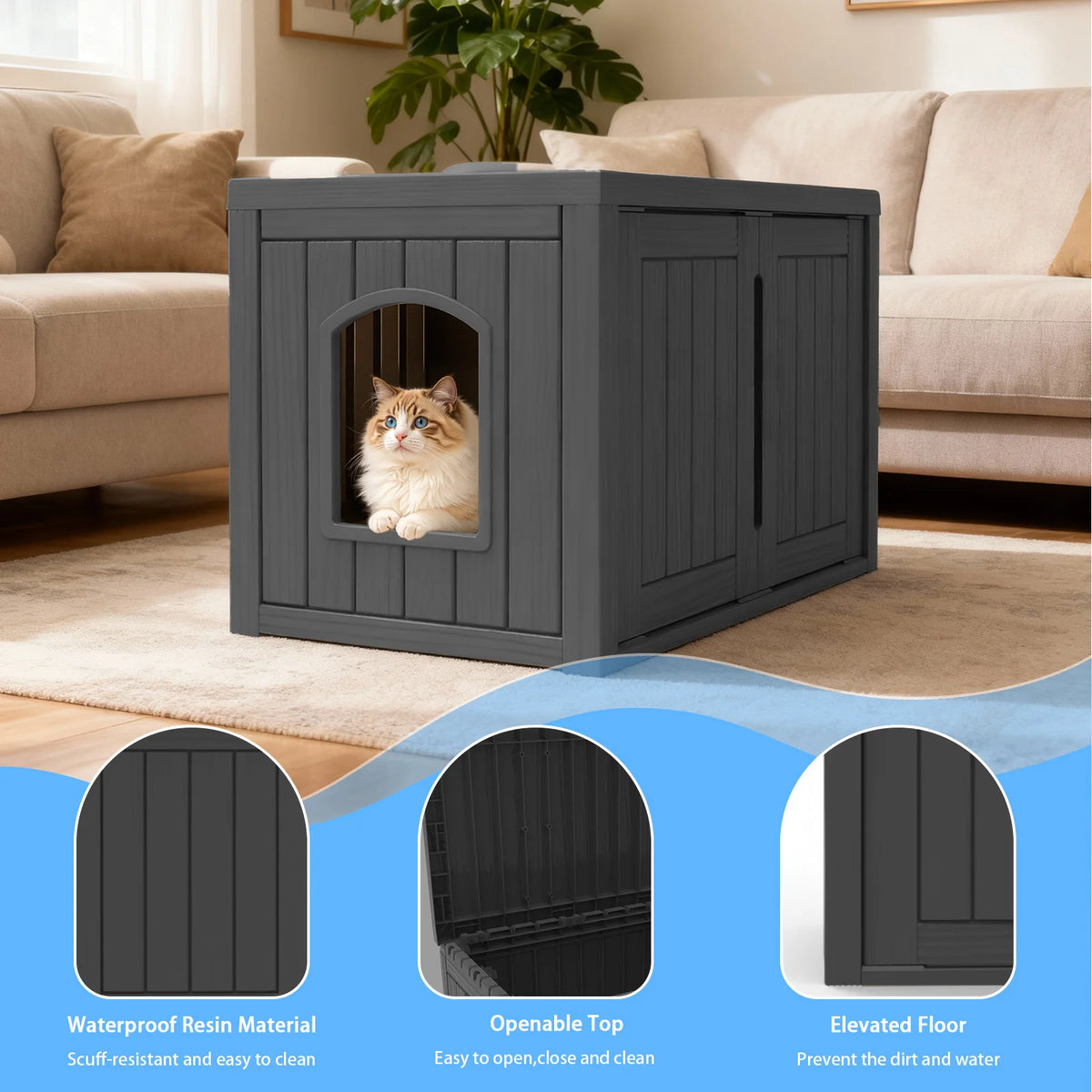 Hidden Resin Cat House With Double Doors And Lounge Top