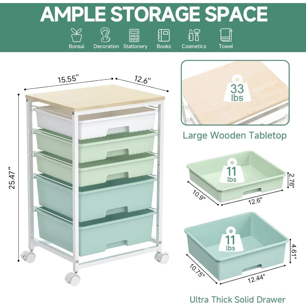 Five Drawer Rolling Utility Cart With Wooden Top Locking Wheels