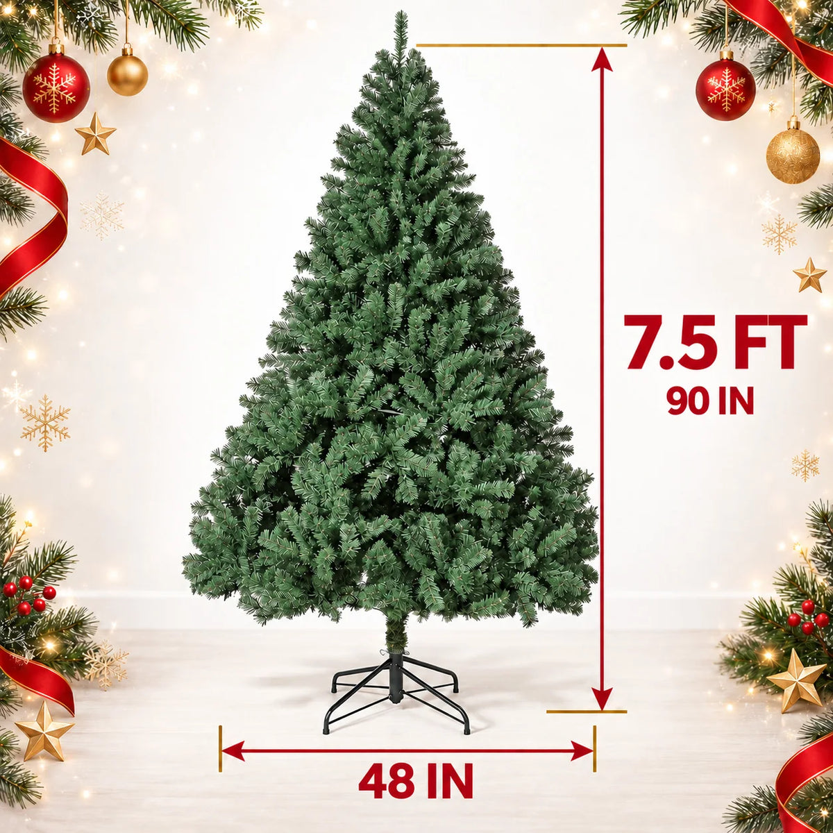 Artificial Christmas Tree 4.5FT 6 FT 7.5FT Unlit Green Spruce Tree with 1450 Realistic Branch Tips Hinged Metal Trunk Collapsible Stand Carry Bag Holiday Decor
