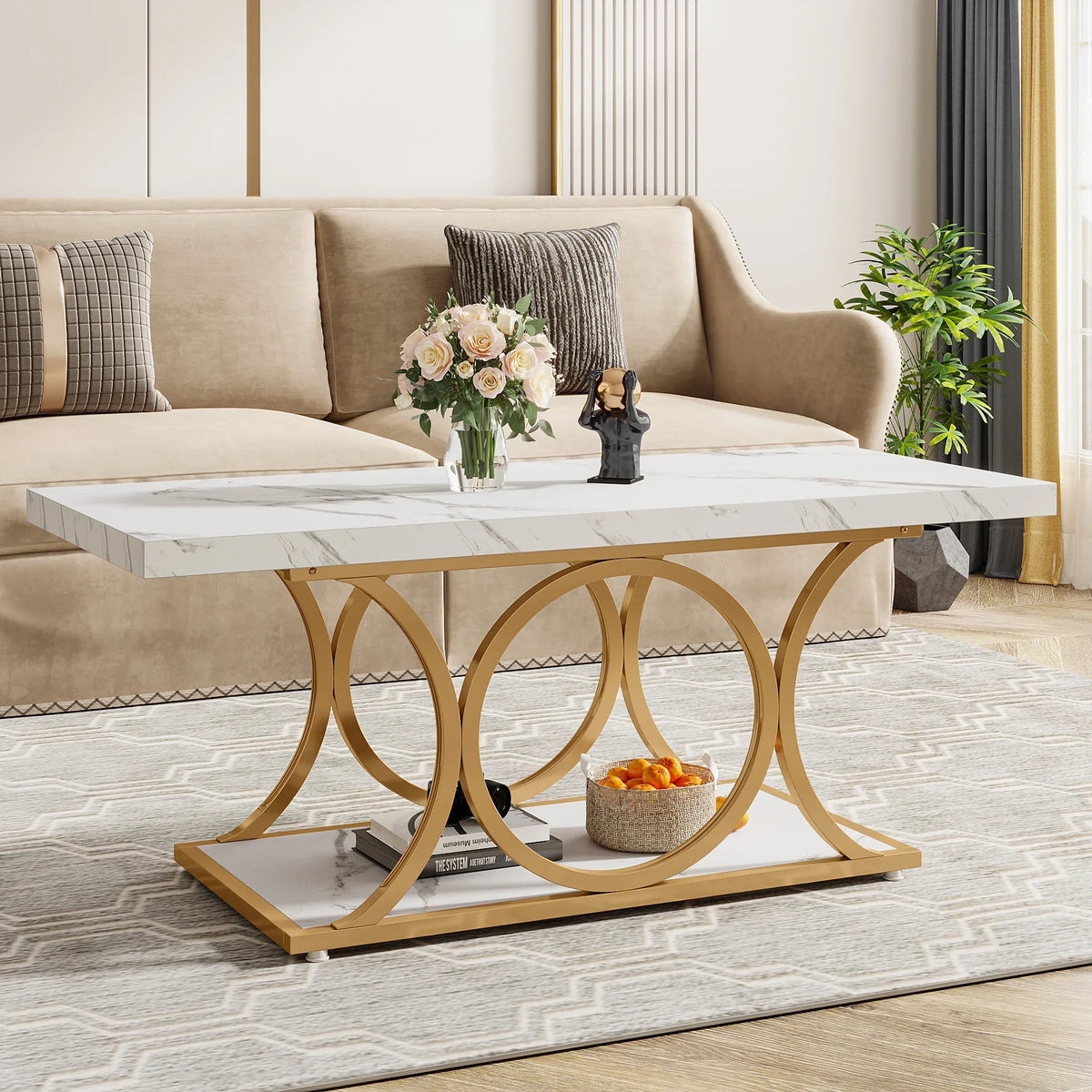 Tribesigns Modern Rectangle Two Tier Faux Marble Wood Coffee Table