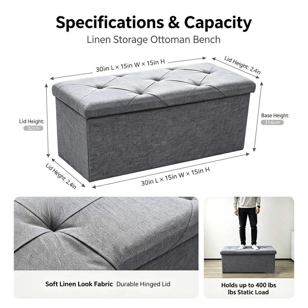 Folding Storage Ottoman Bench Gray Tufted Fabric Footrest