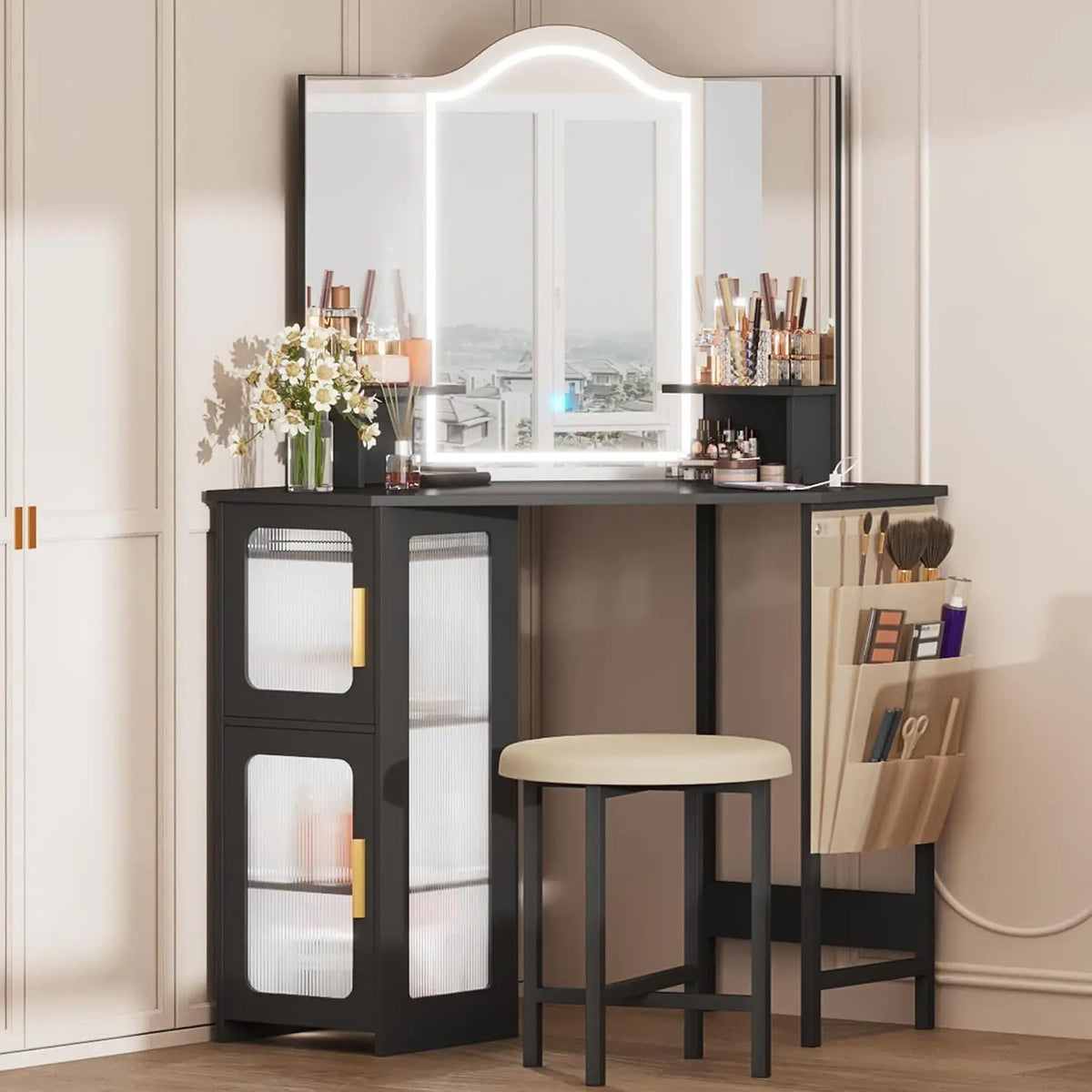 Modern Corner Vanity Desk With Illuminated Mirror And Charging Hub