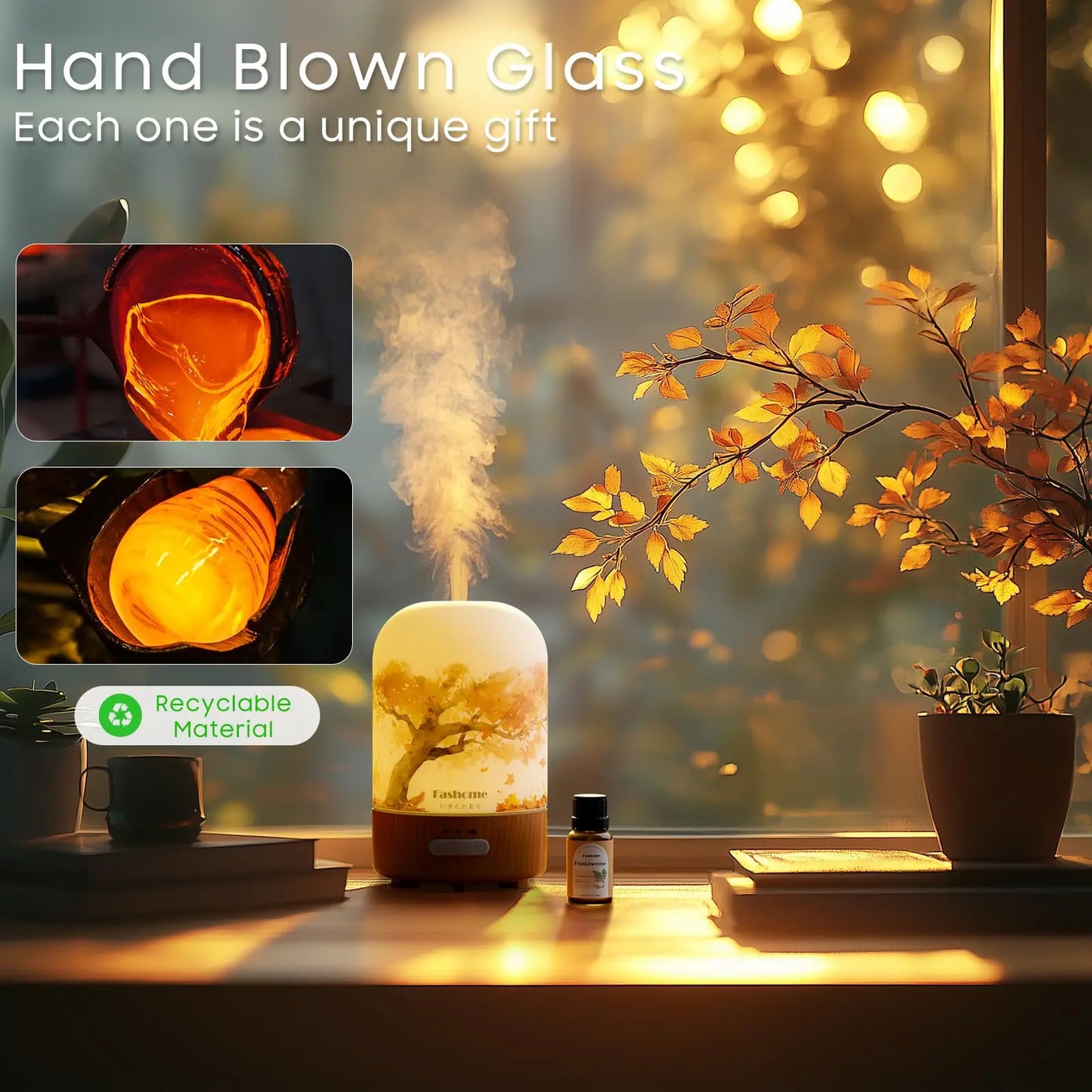 Fashome Essential Oil Diffuser Hand Blown Glass Auto Shut Off