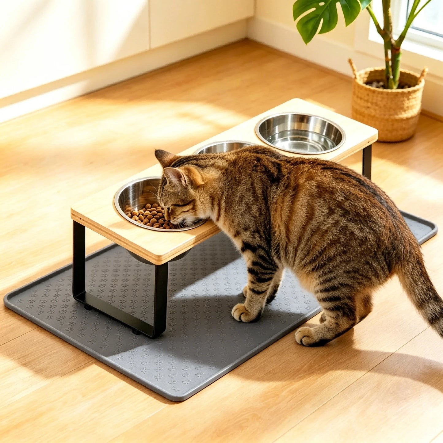 Elevated Cat Feeder With Bamboo Stand And Stainless Steel Bowls